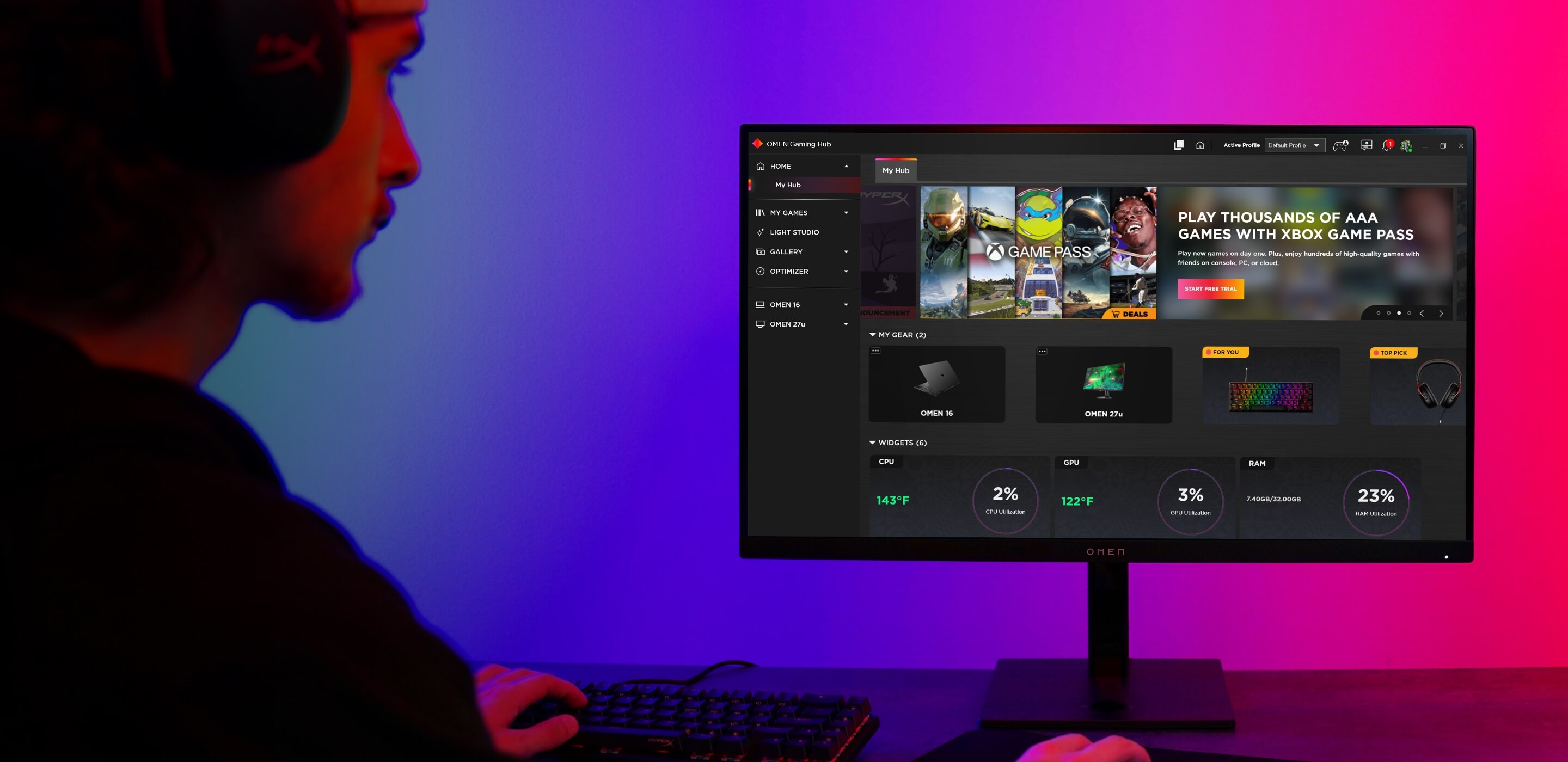 OMEN GAMING HUB UI ON OMEN GAMING MONITOR IN RGB LIT ENVIRONMENT