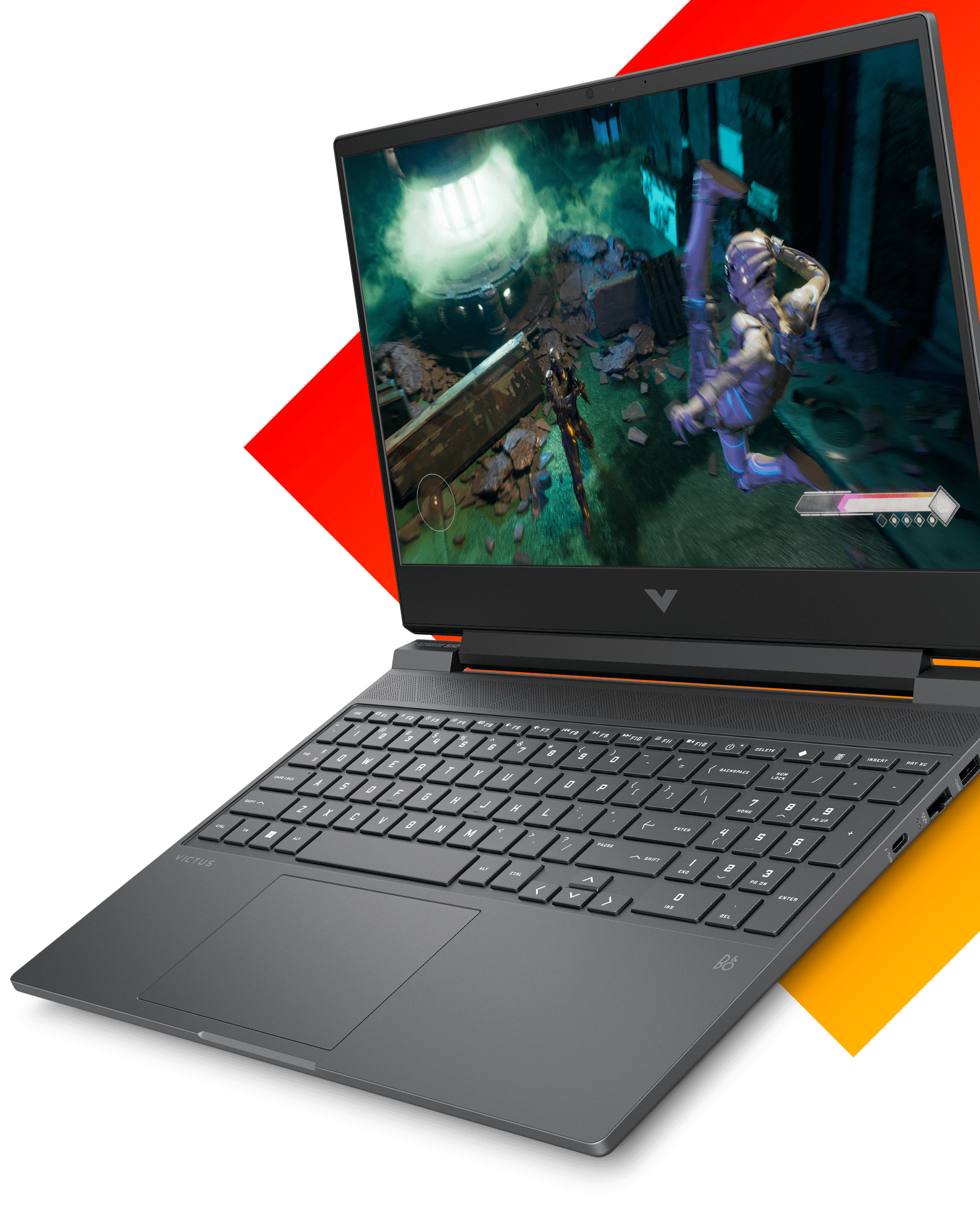 Laptop Victus 15 en ángulo con un juego